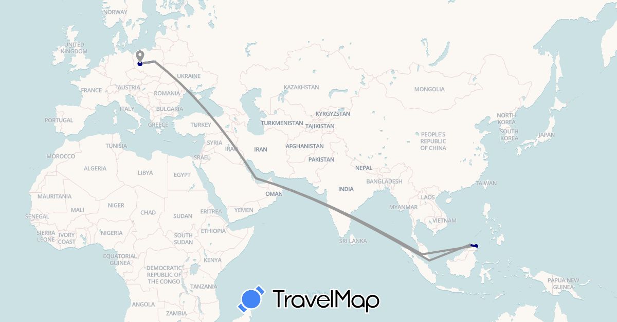 TravelMap itinerary: driving, plane in Malaysia, Poland, Qatar, Singapore (Asia, Europe)